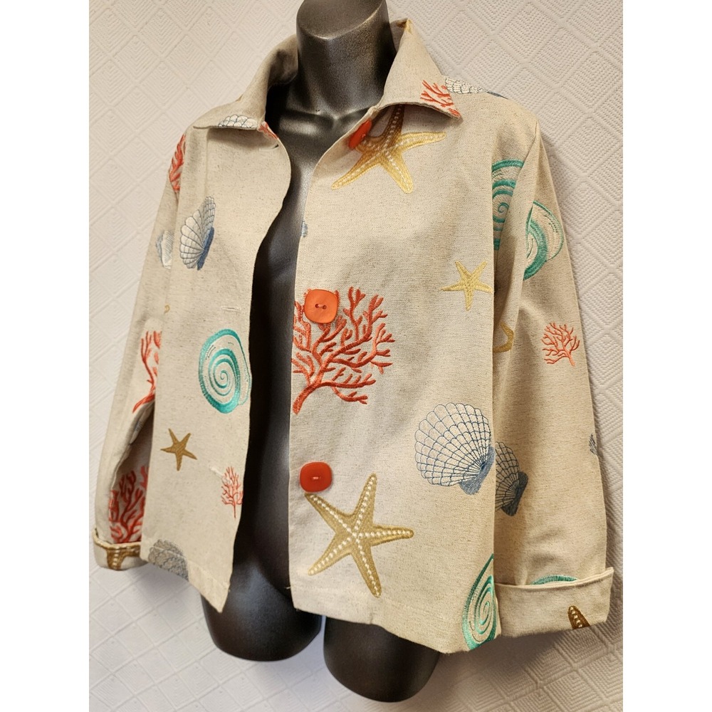Painted Pony M NEW! Coral & Seashell Embroidered Linen Blend Jacket